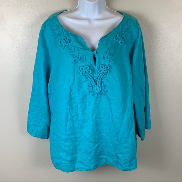 Ecologie Linen Blend Top Womens‎ XL ? Turquoise Embroidered Resort Wear Beach - Picture 1 of 12